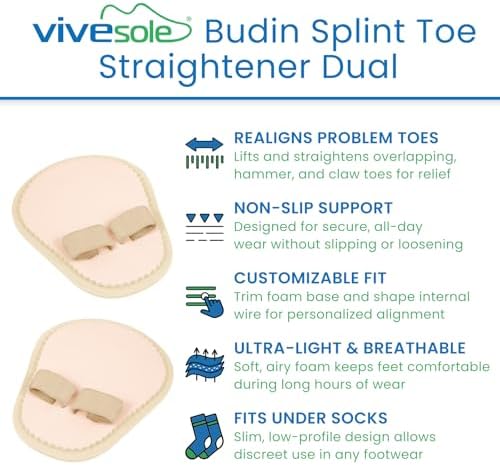 VIVEsole Budin Splint Toe Straightener (Pair) - Hammer Toe Corrector for Women, Men - Crooked Toe, Joint Realign Cushion Brace for Claw, Curled Toes - Metatarsal Support Loop Guard Alignment Wrap