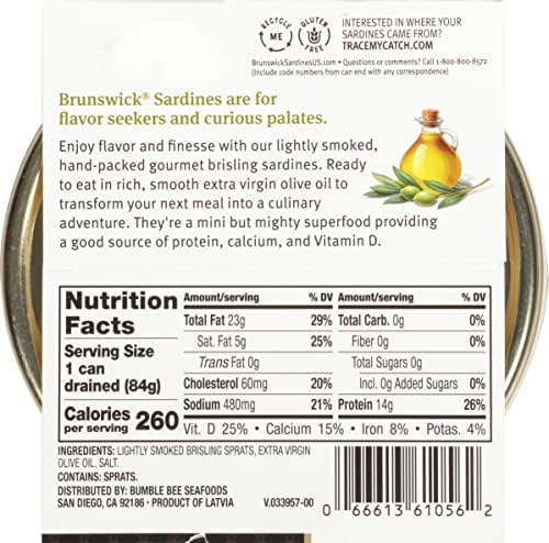 Brunswick Wild Caught Gourmet Brisling Sardines in Extra Virgin Olive Oil, 4.23 oz Can (Pack of 12) - 14g Protein per Serving - Gluten Free, Keto Friendly