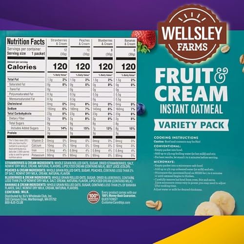 Wellsley Farms Fruit And Cream Instant Oatmeal 40 Pack Variety. (8x Banana, 12x Peach, 8x Blueberry, 12x Strawberry) Heart Healthy. No High Fructose Corn Syrup or Artificial Sweeteners.