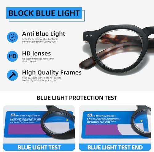 JOLLYNOVA HD7 Reading Glasses RT95, Round Blue Light Blocking Readers, Lightweight, Spring Hinge, UV Protection