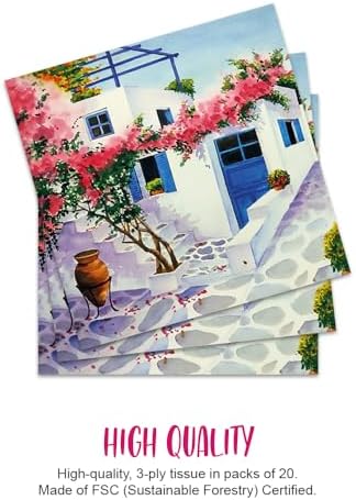 Anniversary House Tiflair Mykonos Village Lunch Napkins 3 ply Pack of 20, House in Greece, Table Decoration Paper Napkins with Motif Also for Decoupage 33 x 33 cm