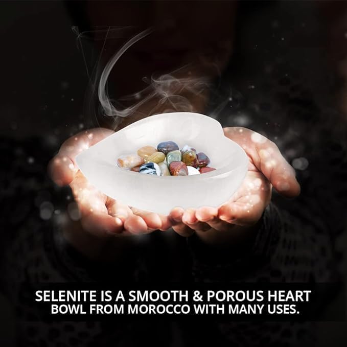 Himalayan Glow Natural Selenite Bowl Heart Shape Selenite Crystal - 10 cm for Reiki Healing Meditation & Decoration, Idle for Gift, Home, Office, White