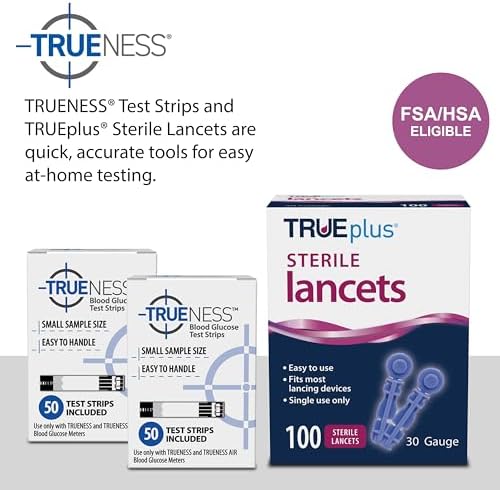 TRUENESS Blood Glucose Test Strips 100ct + 100 Lancets - Ideal for Testing Blood Sugar Levels - Compatible with TRUENESS Meters for Accurate Diabetes Monitoring
