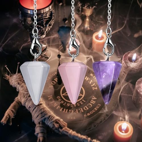 3 Pcs Crystal Pendulums Set for Divination Dowsing, Natural Amethyst Rose Quartz Clear Quartz Hexagonal Divination Tools Healing Crystal Hexagonal Pointed Cone Spiritual Gemstone Pendant Witchc