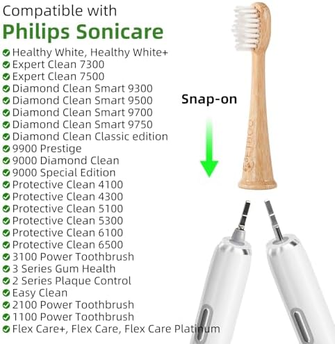 Bamboo Toothbrush Replacement Heads Compatible with Philips Sonicare, Soft Castor-Oil Biodegradable Bristles, Eco-Friendly Bamboo Handle, 4 Pack, Sustainable Daily Cleaning
