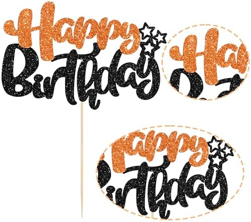 Ephlyn 1Pcs Happy Birthday Cake Topper Glitter Happy Birthday Cake Pick for Halloween Baby Shower Theme Anniversary Party Cake Decorations Supplies Black Orange