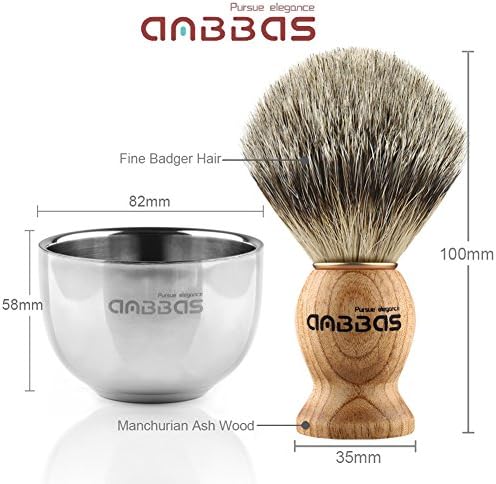 Anbbas Pure Badger Shaving Brush with Wood Handle and Shaving Bowl 2 Layers Stainless Steel,Black Acrylic Thicken Shaving Stand for DE Razor