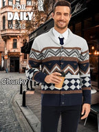 EHSUYAB Mens Cardigan Sweater, Shawl Collar Long Sleeve Button Down Color Block Graphic Print, Fall Winter Casual Outfits