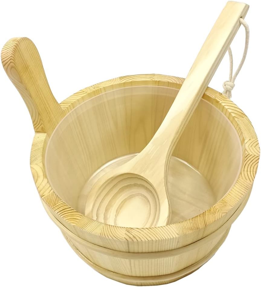 HJJKKH Sauna Bucket Ladle Set-Sauna Accessories with Handmade Wooden Bucket Ladle Plastic Liner Wood Handle for Sauna Steam Room
