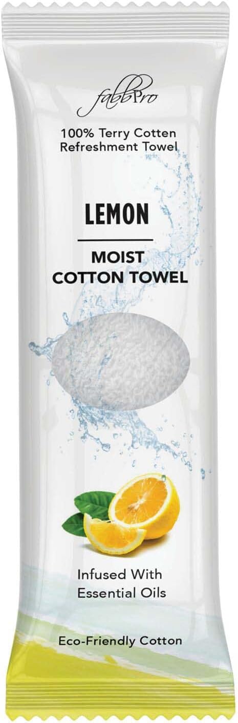 Oshibori Moist Terry Cotton Refreshment Towels (25 Pack, 8 x 8 Inches) - White Scented Pre-moistened Essential Oil Infused Towel to Use Hot or Cold - Lemon Scent