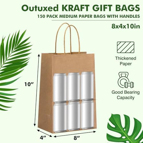 OUTUXED 150pcs Brown Paper Gift Bags, 8x4x10in Brown Kraft Paper Bags with Handles Bulk Medium Size for Retail, Shopping, Wedding, Favor, Birthday Party, Business, Grocery
