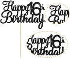 Gyufise 1Pack Happy 16th Birthday Cake Topper Black Glitter Cupcake Topper 16 Birthday Cake Decoration for Cheers to 16 Party Decoration