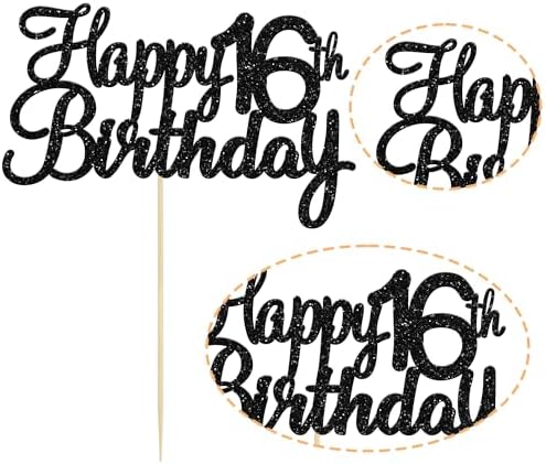 Gyufise 1Pack Happy 16th Birthday Cake Topper Black Glitter Cupcake Topper 16 Birthday Cake Decoration for Cheers to 16 Party Decoration