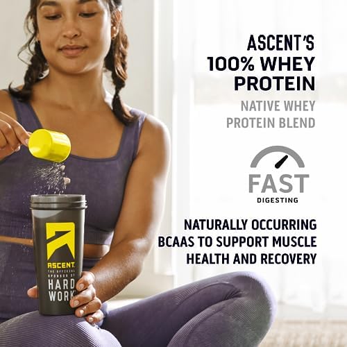 Ascent 100% Whey Protein Powder - Post Workout Whey Protein Isolate, Zero Artificial Flavors & Sweeteners, Gluten Free, 5.5g BCAA, 2.6g Leucine, Essential Amino Acids, Chocolate 1 lb
