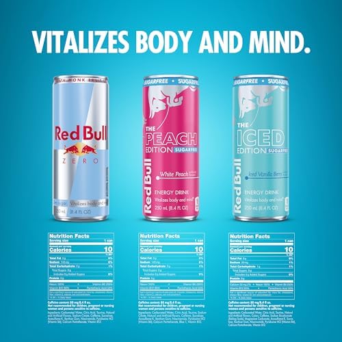 Red Bull Energy Drink SugarFree Variety Pack, Zero, Peach, Iced Vanilla Berry, with 80mg Caffeine, Taurine & B Vitamins, 8.4 fl. oz, Pack of 12 Can
