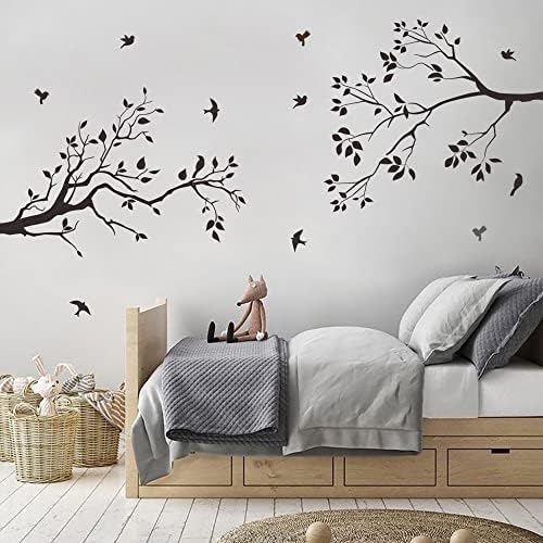 Runtoo Tree Branch Wall Art Decals Black Birds Leaves Wall Stickers for Bedroom Living Room Nursery Wall Decor