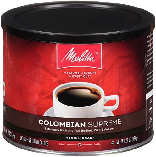Melitta Colombian Supreme Coffee, Medium Roast, Extra Fine Grind, 22 Ounce Can