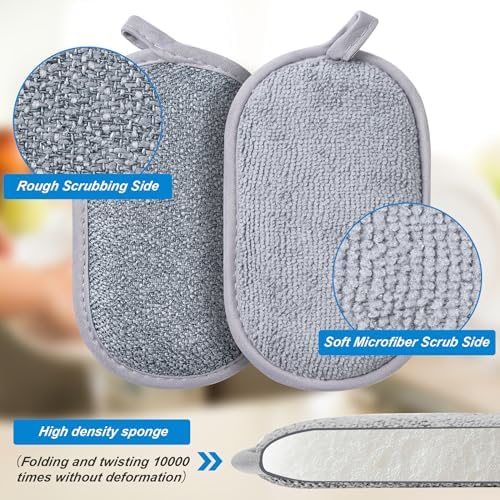 Dual-Sided Multi-Purpose Scrub Sponges, Non-Scratch Dishwashing Sponges for Kitchen, Reusable Microfiber Sponge for Efficiently Cleaning Dishes, High Density Sponge Inside (6 Pack, Medium) Gray