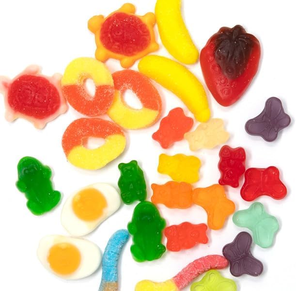Gummi Mania Party Mix - 5lbs (9 Types) Bulk Gummy Candy Red and Blue Raspberries, Worms, Frogs, Butterflies, Strawberries, Turtles, Bananas and Eggs