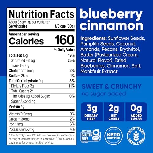 NuTrail Nut Granola Cereal, Blueberry Cinnamon, No Sugar Added, Gluten Free, Grain Free, Keto, Low Carb, Healthy Breakfast Cereal 8 oz. 3 Count