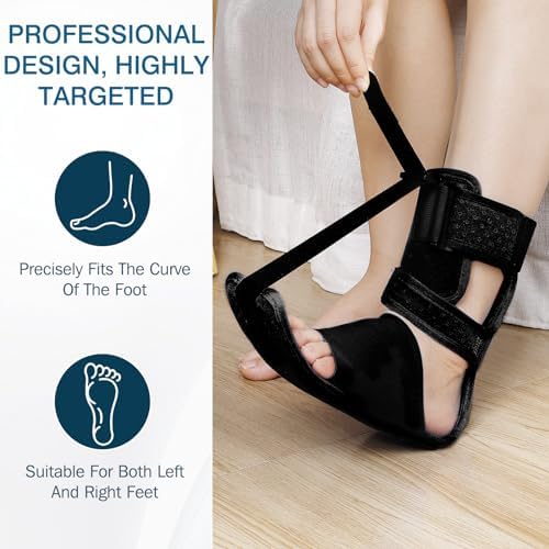 Upgrade Plantar Fasciitis Night Splint & Relief Brace with Adjustable Straps - Support for Achilles Tendonitis, Heel Spur Pain, Day & Night Use (1, Black)
