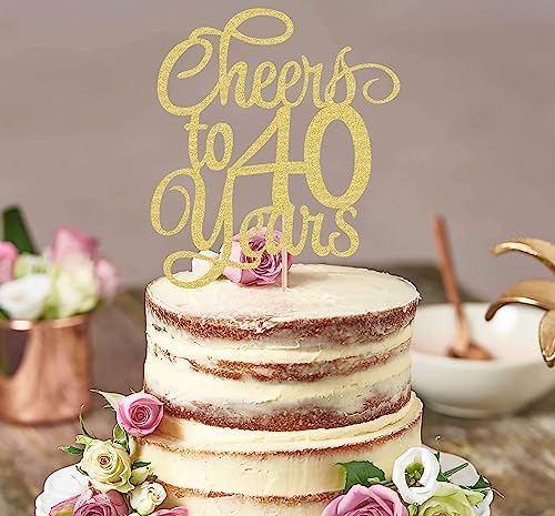 Cheers to 40 Years Cake Topper - Gold Glitter 40th Birthday Cake Decorating Supplies, Perfect for 40th Anniversary or Forty Birthday Party, Photo Booth Props