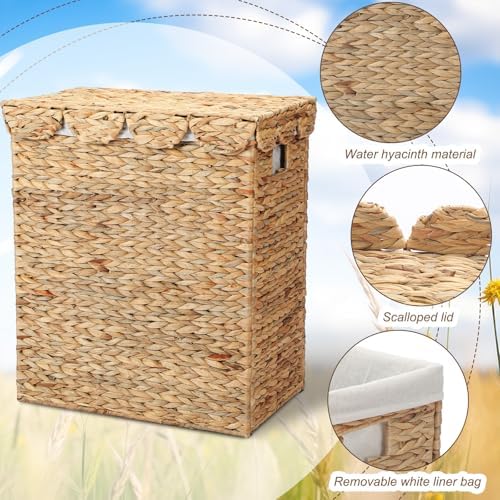 Leinuosen Large Scalloped Laundry Basket with Lid and Removable Liner Bag Natural Woven Water Hyacinth Laundry Hamper Rectangular Hamper for Clothes Towel Bathroom Bedroom, 19.69 x 11.81 x 23.62 Inch
