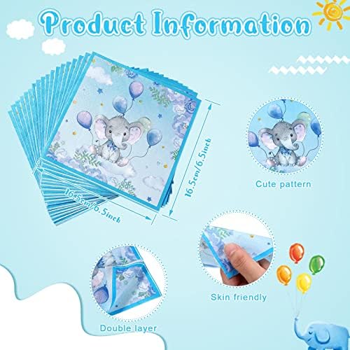 Spakon 100 Pcs Elephant Baby Shower Paper Napkins Bulk 2 Ply 6. 5 x 6. 5 Inches Blue and White Paper Napkins Elephant Baby Shower Decorations for Kids Birthday Gender Reveal Party Supplies
