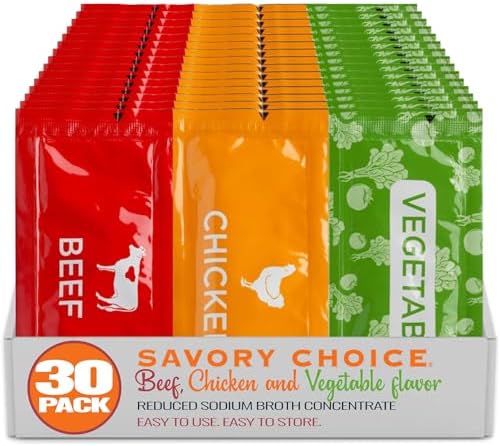 SAVORY CHOICE Reduced Sodium Beef, Chicken and Vegetable Broth Concentrate, 30 Packets (10/Flavour - 9.6g) - Gluten-Free, Diary-Free Broth Concentrate