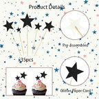 35 PCS Black Stars Cupcake Toppers Glitter Assembled Twinkle Star Cupcake Picks Bridal Shower Birthday Party Decorations for Wedding Engagement Birthday Party Cake Decorations Supplies Mixed Size Star