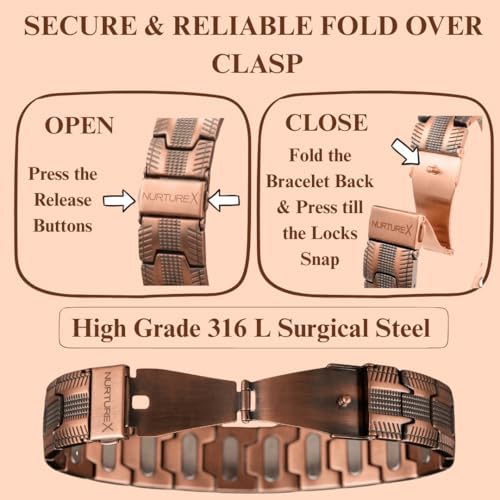 Therapeutic Pure Copper Magnetic Bracelet for Men, Ultra Powerful Gauss Adjustable Magnet Therapy Bracelet with Fold Over Clasp, Includes Sizing Tool, Extra Link Pins, Cleaning Cloth, Best Gift for Men