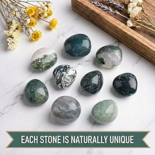 Super Large Polished Moss Agate Healing Crystal Stones - 2 Pcs of 1.2" Worry Stone for Anxiety, Pocket Palm Gemstones Handpicked Natural Tumbled Rocks for Meditation, Reiki, Chakra, Home Decor