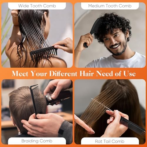 SALONSILK 4PCS Professional Comb Set, Wide Tooth Rat Tail Fine Tooth Hair Combs, Braiding Cutting Barber Styling Curly Parting Set for Men and Women