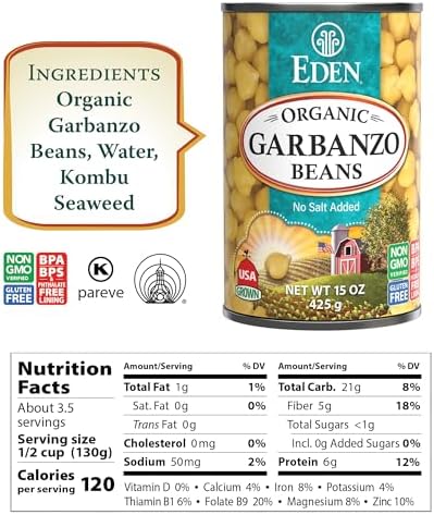 Eden Organic Garbanzo Beans, Chickpeas, 15 oz Can (12-Pack Case), No Salt Added, Non-GMO, Gluten Free, Vegan, Kosher, U.S. Grown, Heat and Serve, Macrobiotic