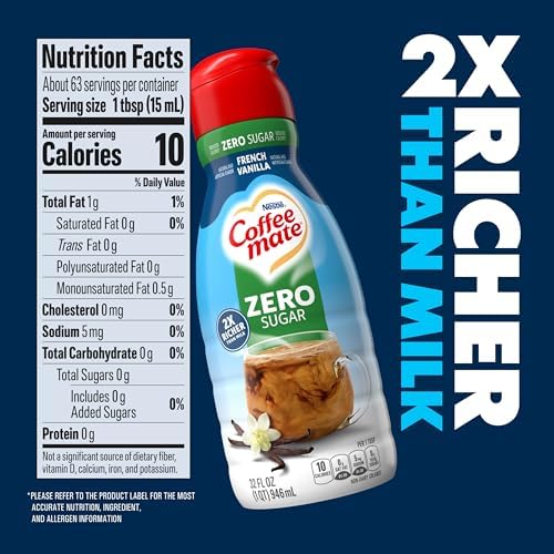 Nestle Coffee mate Zero Sugar French Vanilla Creamer – Triple Churned Liquid for Warm, Rich Flavore– Lactose & Gluten Free, Non Dairy Creamer for Up to 60 Cups (32 oz)