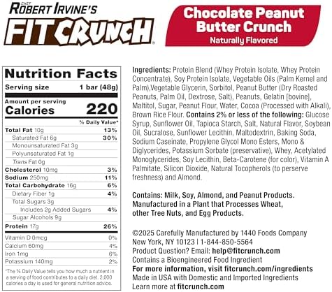 FITCRUNCH Snack Size Protein Bars, 6-Layer Baked Bar, 3g of Sugar, Gluten Free & Soft Cake Core (18 Bars, Peanut Butter Crunch)