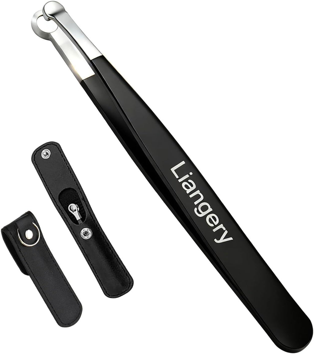 Liangery Nose Tweeezers, Manual Nose Hair Trimmer for Men- Stainless Steel Precision Blades with Leather Case, Nasal Hair Cutter Tweezers for Eyebrow, Ear & Facial Hair Grooming Tool (Black)