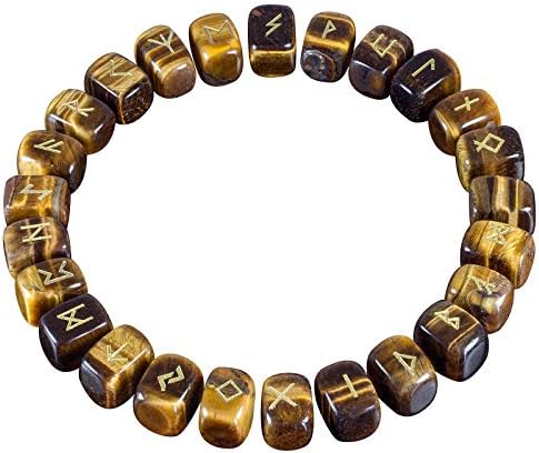 mookaitedecor Rune Stones Set with Engraved Elder Futhark Alphabet Crystal Meditation Divination, Tiger's Eye