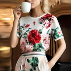 Short Sleeve Tops for Women Summer Crew Neck Floral Print Casual Shirt Pullover