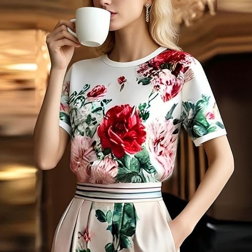 Short Sleeve Tops for Women Summer Crew Neck Floral Print Casual Shirt Pullover
