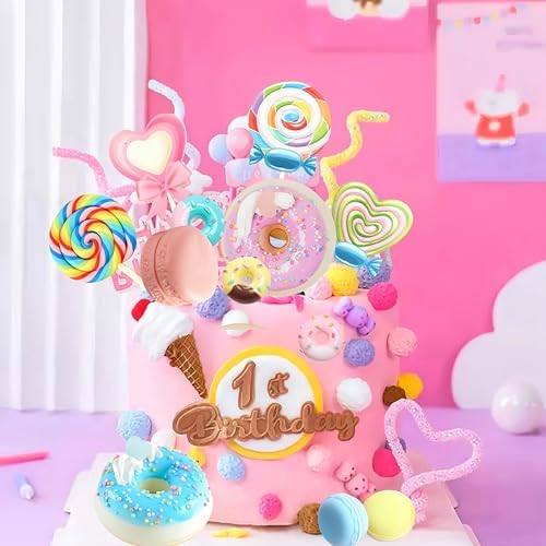Donut Cake Topper 21 PCS Candy Cupcake Toppers Dount Themed Cake Topper Donut Birthday Themed Party Supplies Candy Themed Birthday Cake Decor