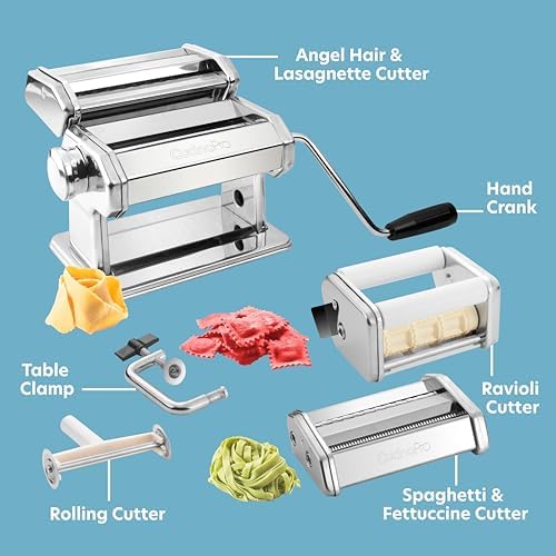 Pasta Maker Deluxe Set- Stainless Steel Machine w 3 Interchangeable Attachments- Make 5 Different Pastas- Spaghetti Fettuccini Angel Hair Ravioli Lasagnette- Durable Cutters for Adjustable Thicknesses