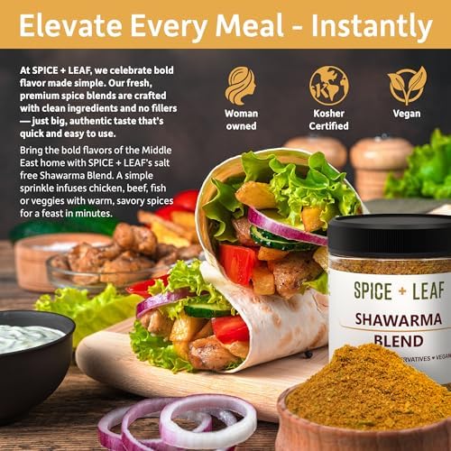 Premium Shawarma Spice Seasoning by Spice + Leaf, 3.5 Oz - Kosher, Vegan Preservative Free Spice Blend for Middle Eastern Flavor. Vegetarian, Dairy Free and Salt Free