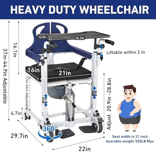 Hydraulic Patient Lift Nursing Chair 4 in 1 Shower Chair Transport Wheelchair 180° Open & Close Max 350Lb Adjustable Lifting Height Transfer
