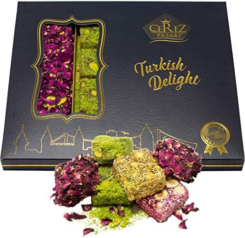 Cerez Pazari Turkish Delight Pistachio and Hazelnut with Fantastic Rose & Pomegranate Flavour Experience in Luxury Large Gift Box 500g | Assorted Gourmet, Sweet Vegan Traditional Lokum (16-20 Pcs)