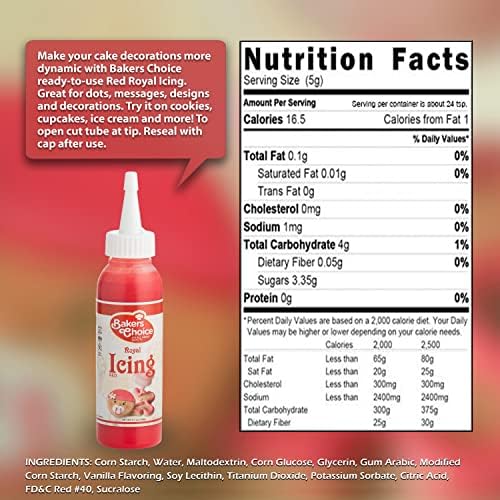 Red Cookie Icing - Ready to Use Royal Icing for Cookies - Decorating Squeeze Bottles with Piping Tube For Cookies, Cakes, Cupcakes and Treats - 3.7 oz. - Baker’s Choice