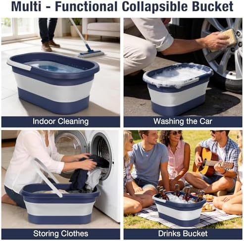 Collapsible Mop Bucket with Handle Portable Silicone Square Wash Bucket for Car Washing Laundry Storage Cleaning Camping Fishing,Space-Saving Plastic Bucket Single Pack