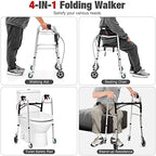SAFSTAR 2-Button Folding Walker, Rollator Walker with Seat & Wheels, Height Adjustable Stand Up Walkers w/Brakes, Reversible Seat Cushion, Heavy Metal Frame Backrest, Upright Walkers for Seniors