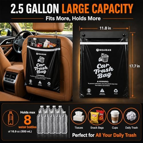 Noaman 50PCS Recycled Car Trash Bags, 2Gal Leakproof & Smell Proof. Heavy-Duty Garbage Bags for car, SUV, truck, RV. Stick-on or Headrest Mount. Alternative to Car Trash Can. Black