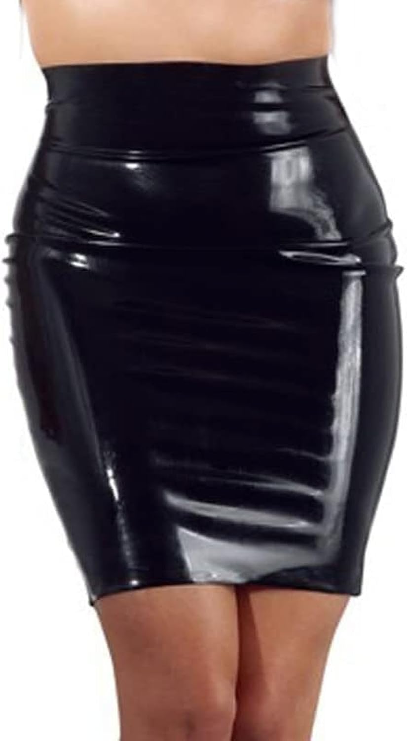 Black and Pink Trims Sexy Mini Latex Skirts with Bow Slits at Back Short Without Zippers Rubber Bottoms,Black,M
